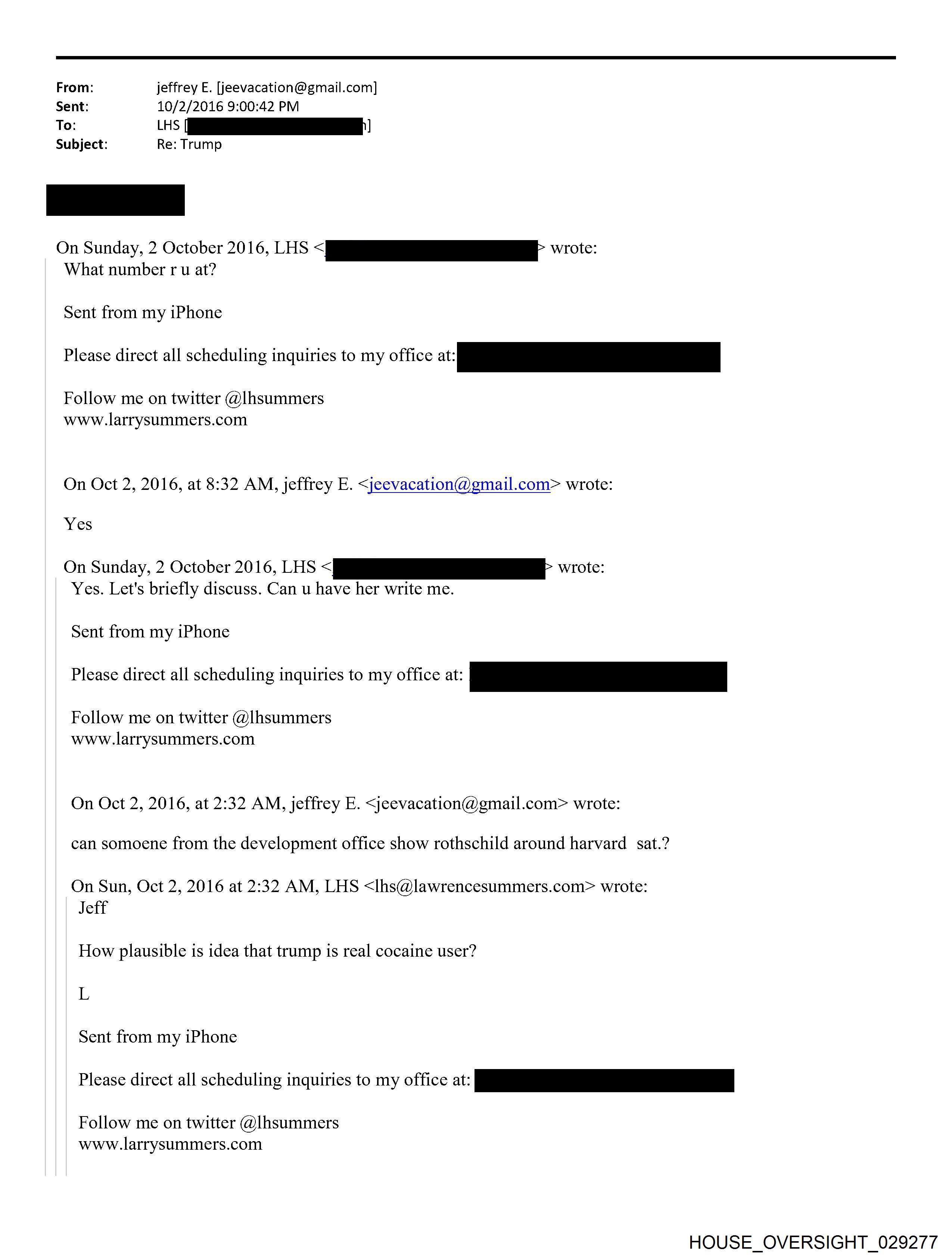 Trump Cocaine Question Email - HOUSE_OVERSIGHT_029277
